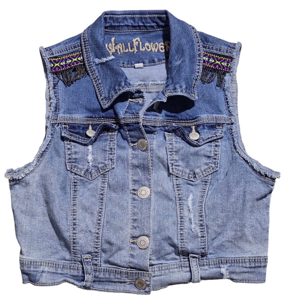 Wallflower Kids Denim Vest Beaded Shoulders Distressed‎ Frayed Size L